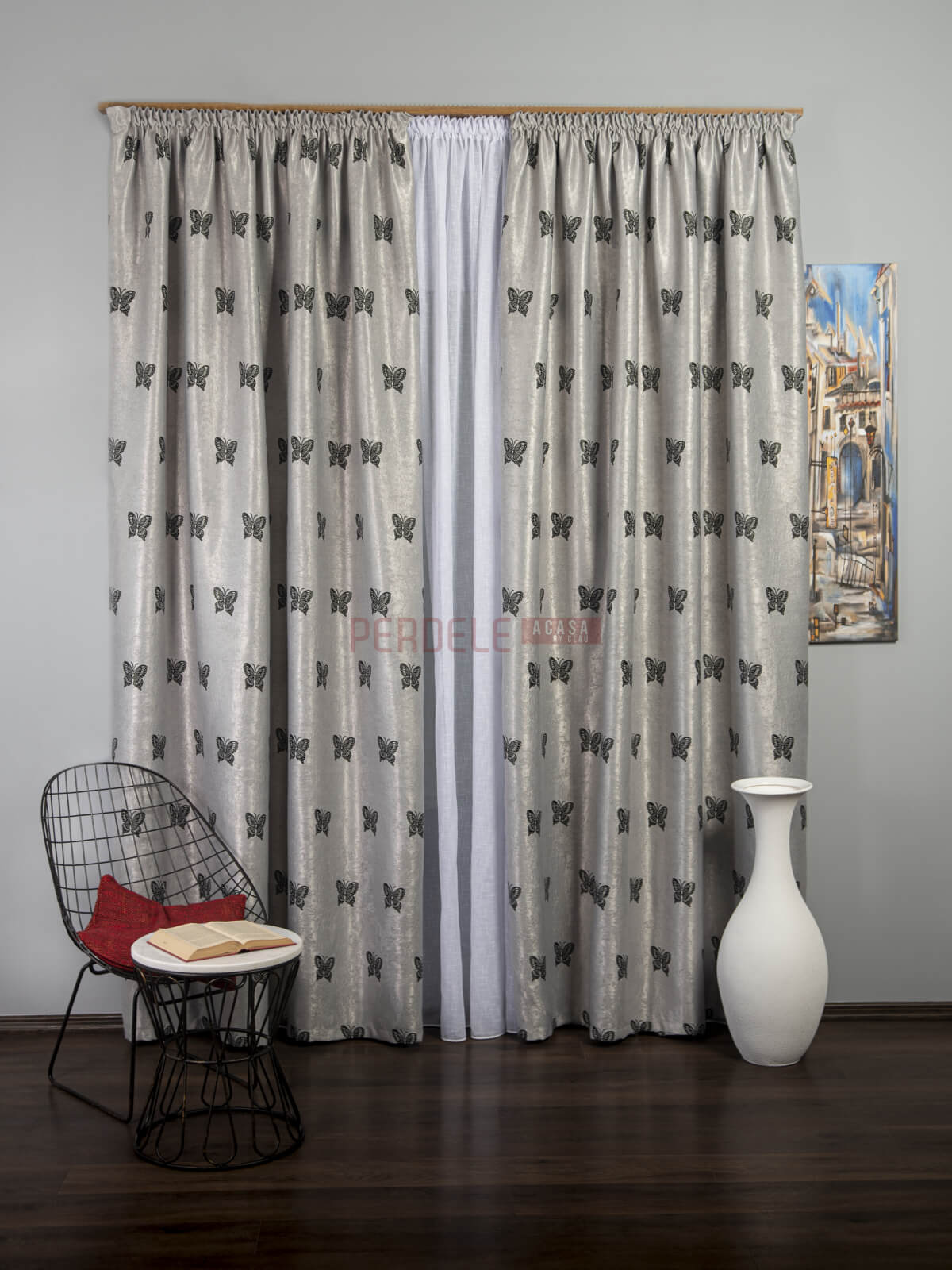 Draperie blackout, gri/negru, model fluturi