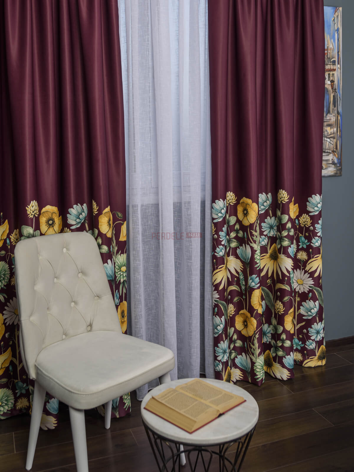 Draperie satin grena,flori multicolore - 1 | YEO