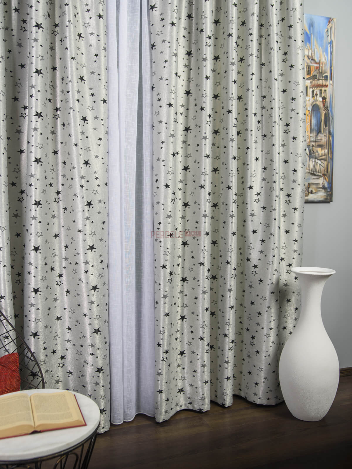 Draperie stelute gri,negru - 1 | YEO