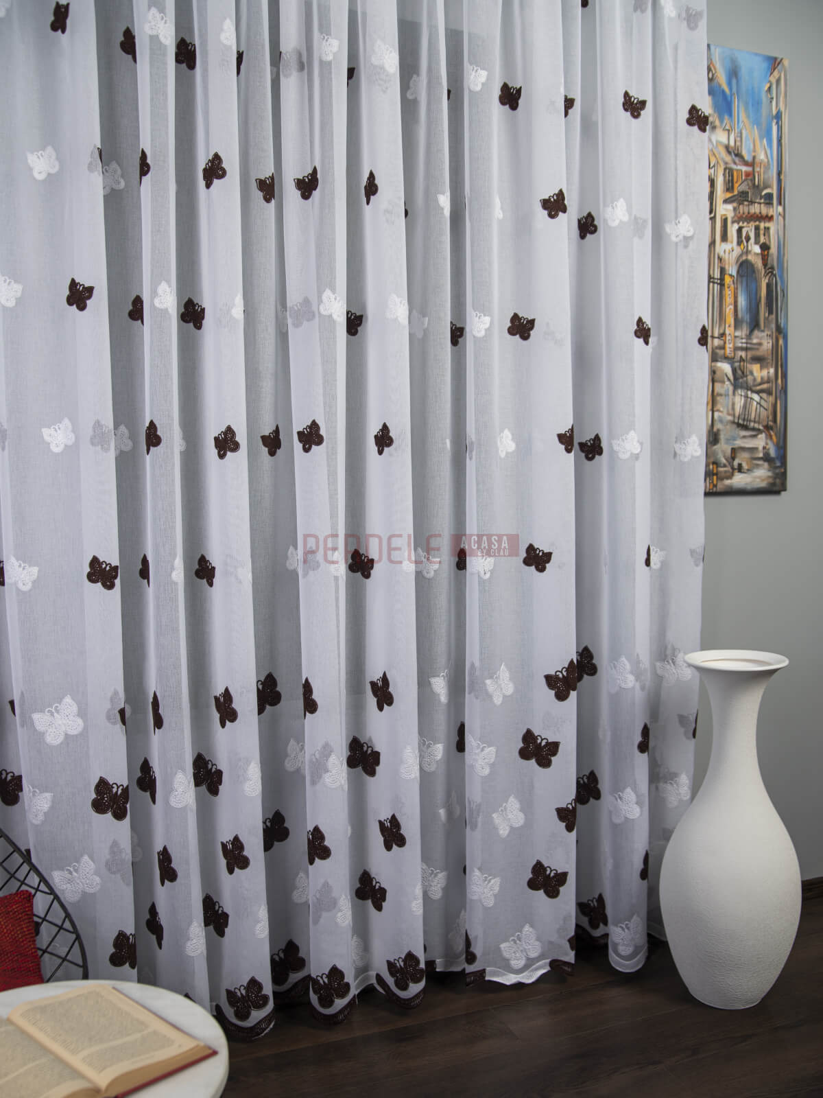 Perdea in brodat, alb/maro, model fluturi - 1 | YEO