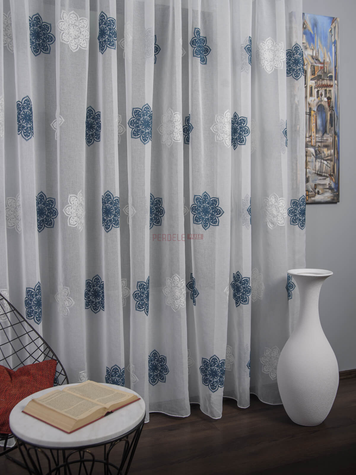 Perdea model flori, alb/albastru - 1 | YEO