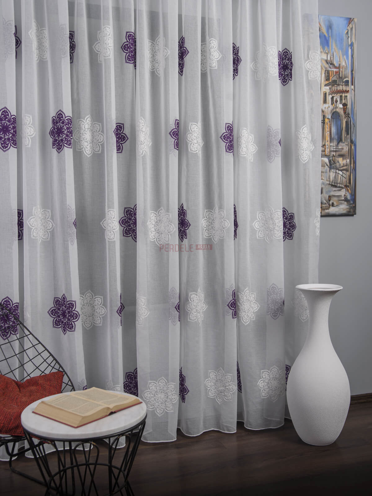 Perdea model flori, alb/mov - 1 | YEO