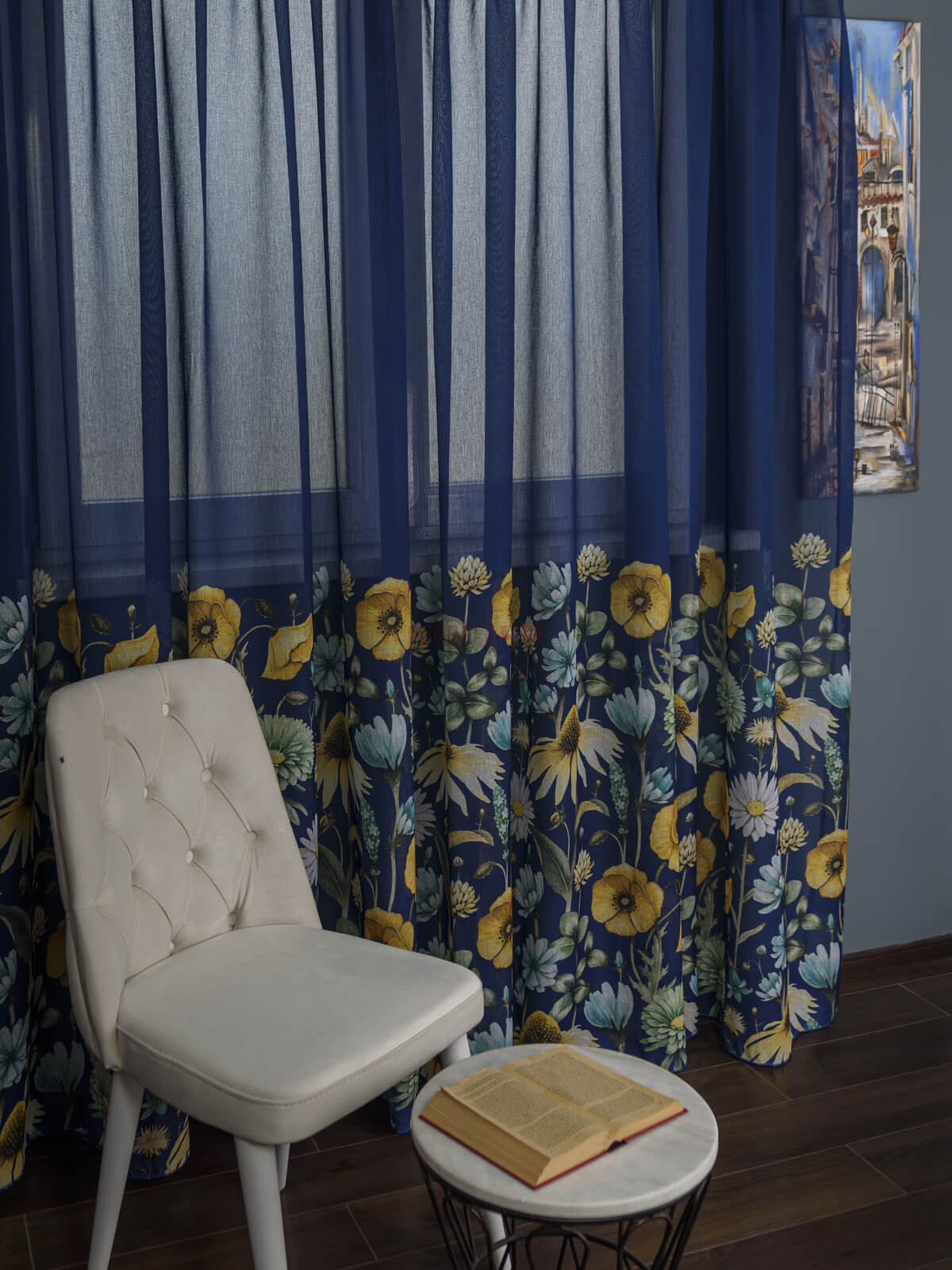 Perdea tip in albastru, flori multicolore - 1 | YEO
