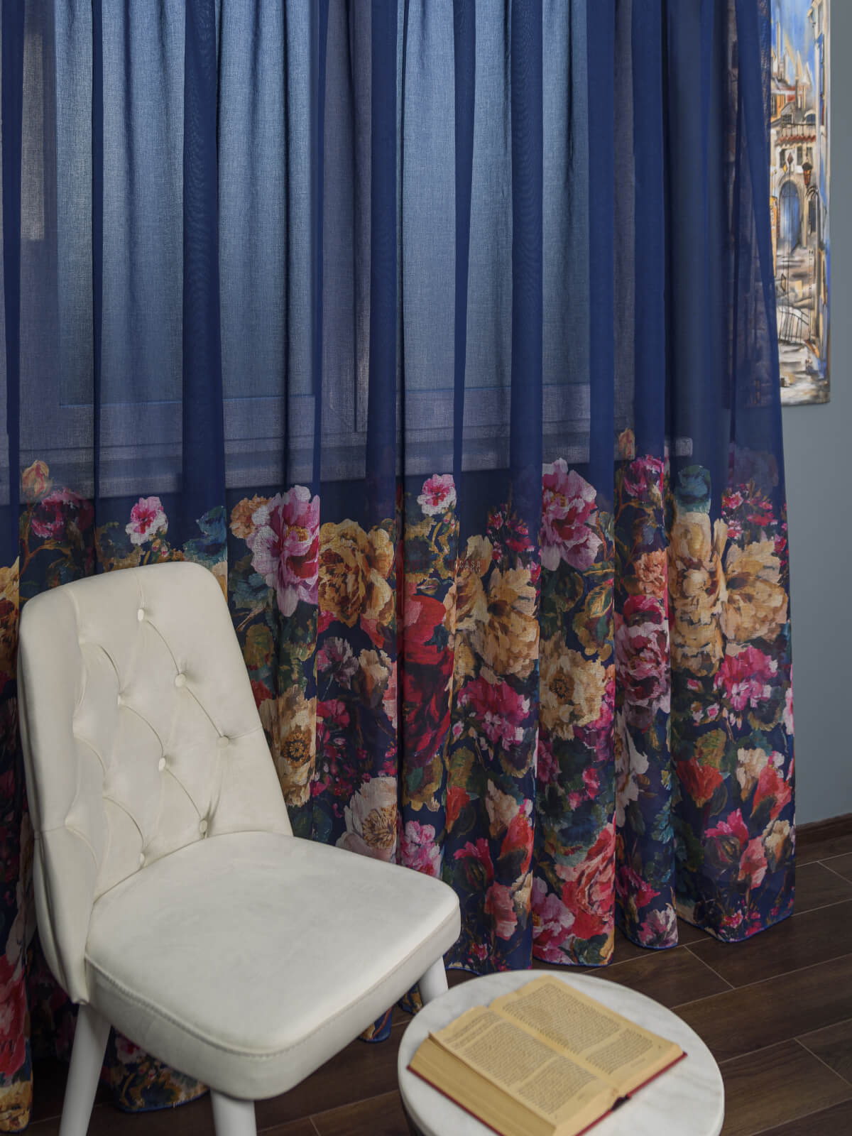 Perdea tip in albastru,flori multicolore - 1 | YEO