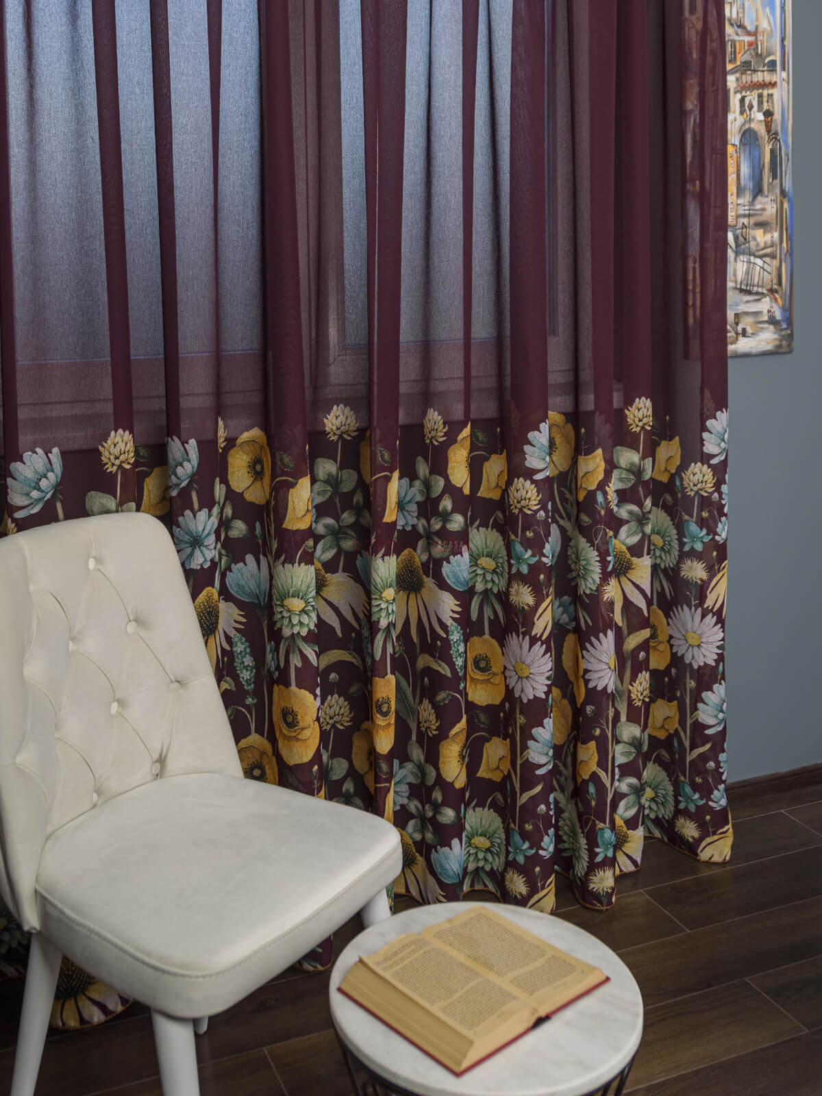 Perdea tip in grena,flori multicolore - 1 | YEO