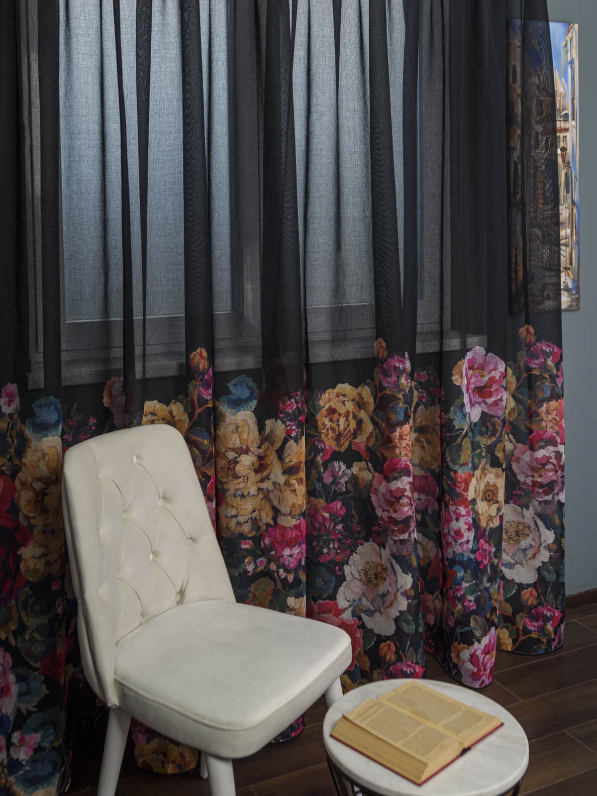 Perdea tip in negru,flori multicolore - 1 | YEO