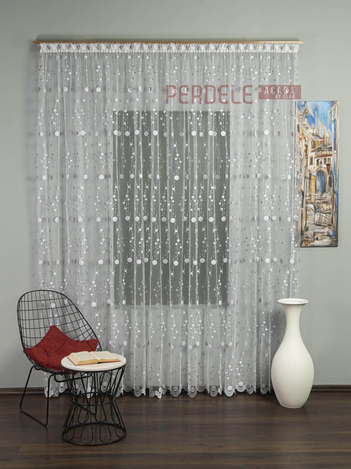 Perdea tulle brodat alb/gri