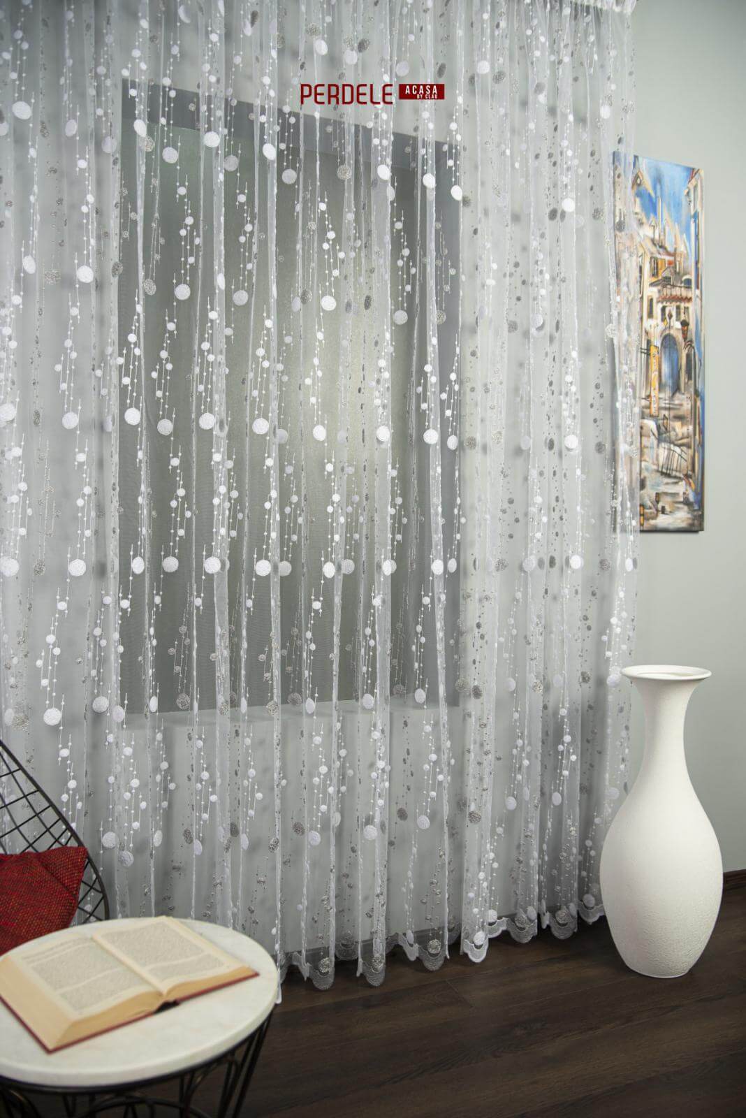 Perdea tulle brodat alb/gri - 1 | YEO