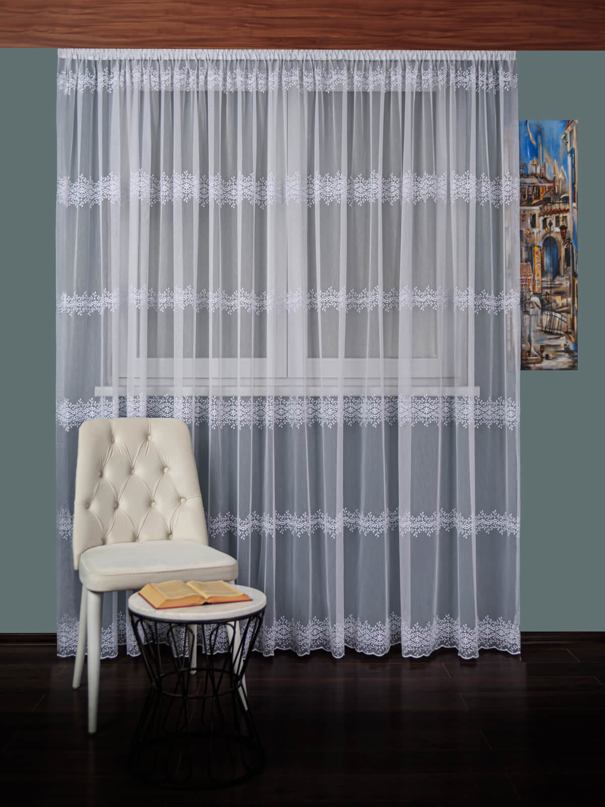 Perdea tulle brodat, alb