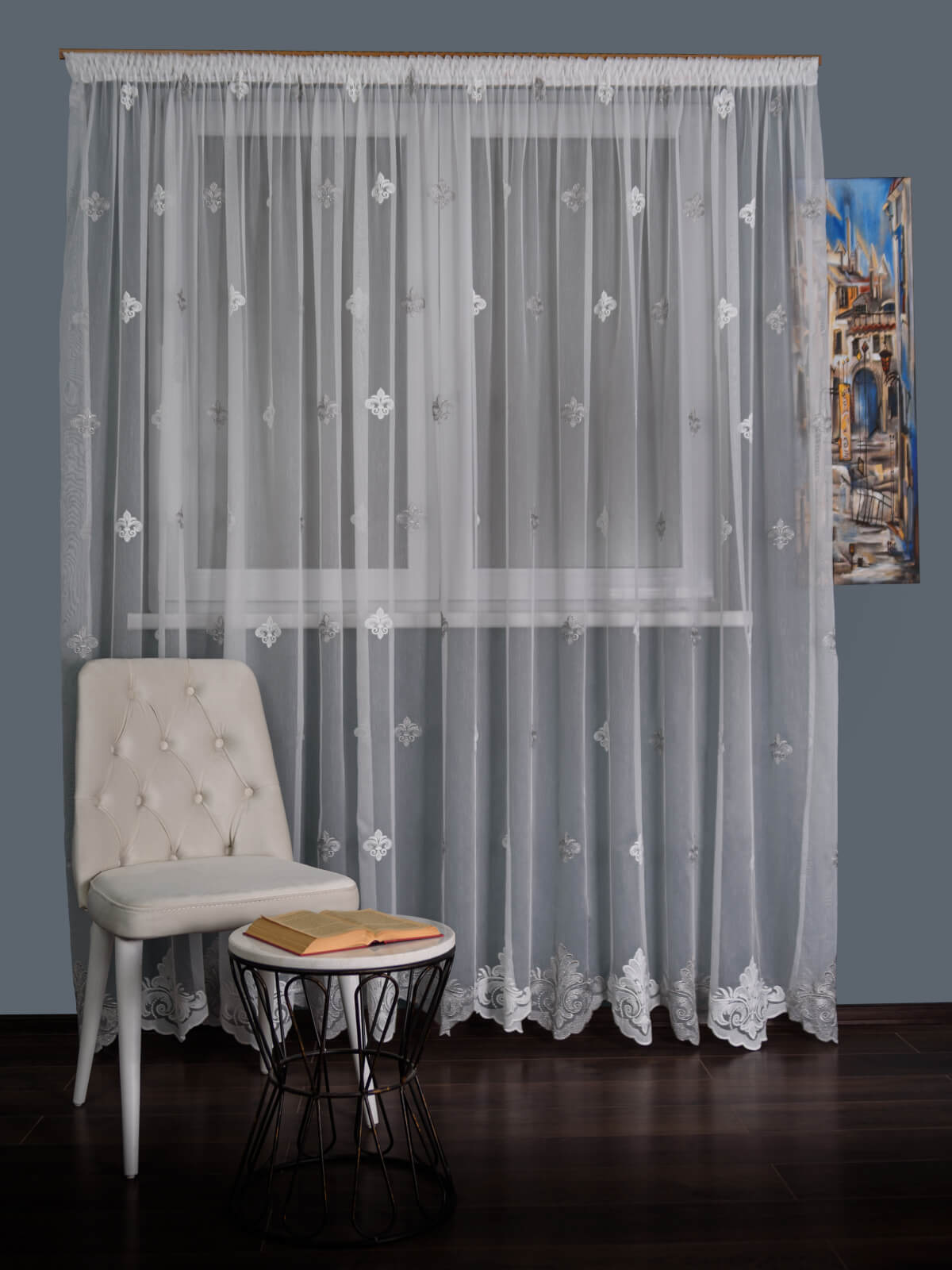 Perdea tulle brodat alb/gri