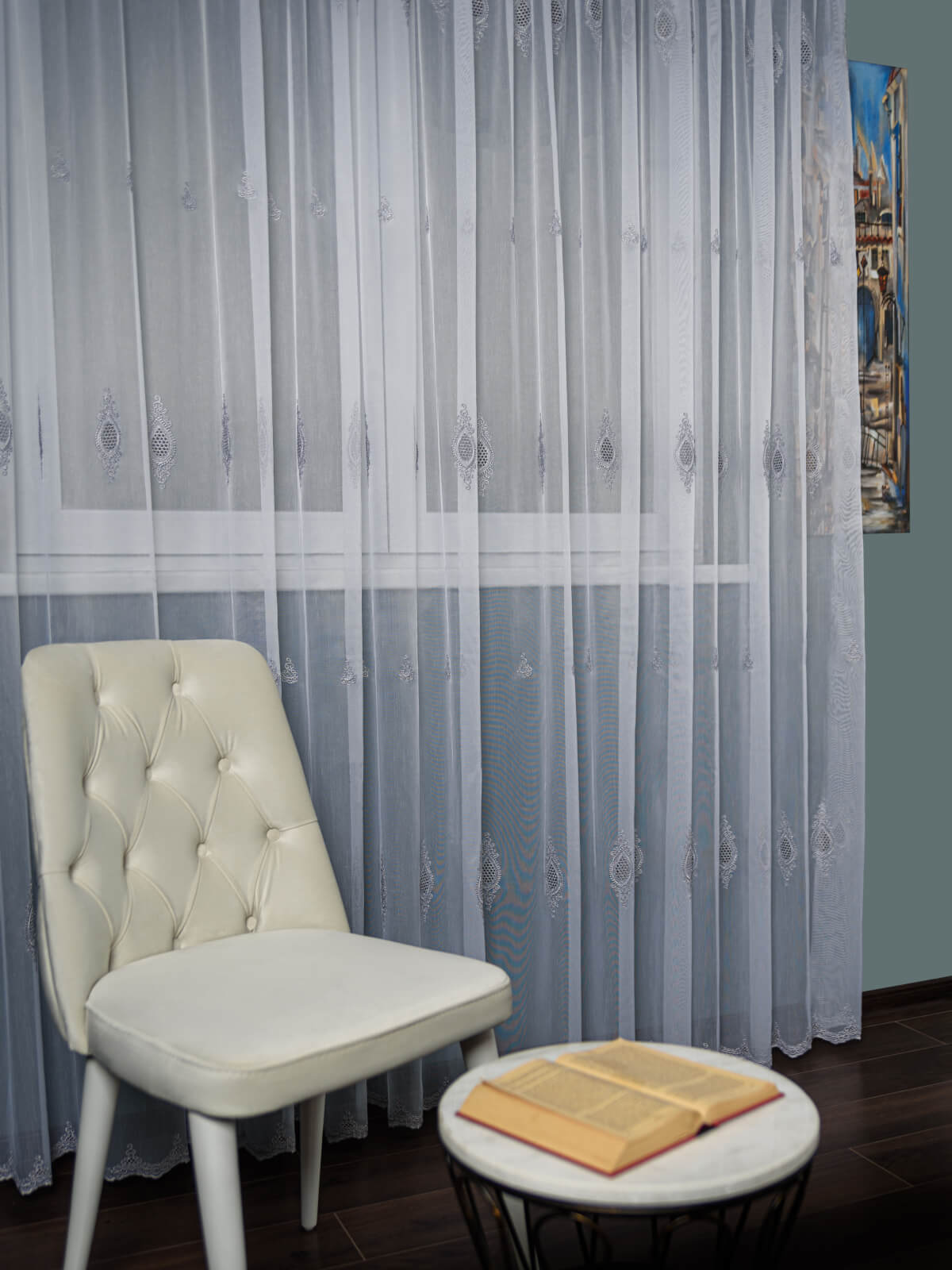Perdea tulle brodat alb/gri - 1 | YEO
