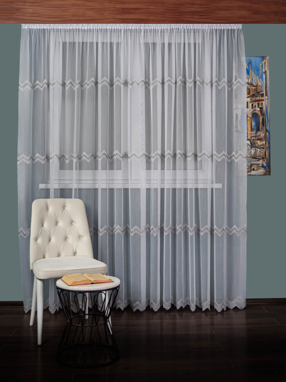 Perdea tulle brodat, alb/gri