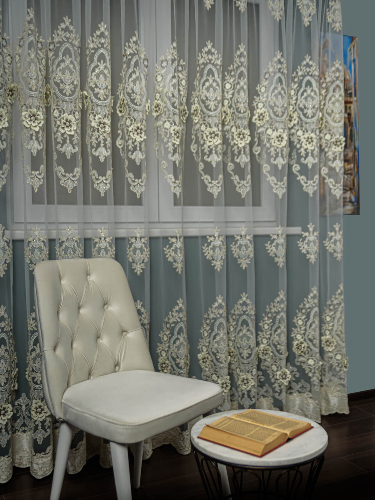 Perdea tulle brodat crem/auriu - 1 | YEO