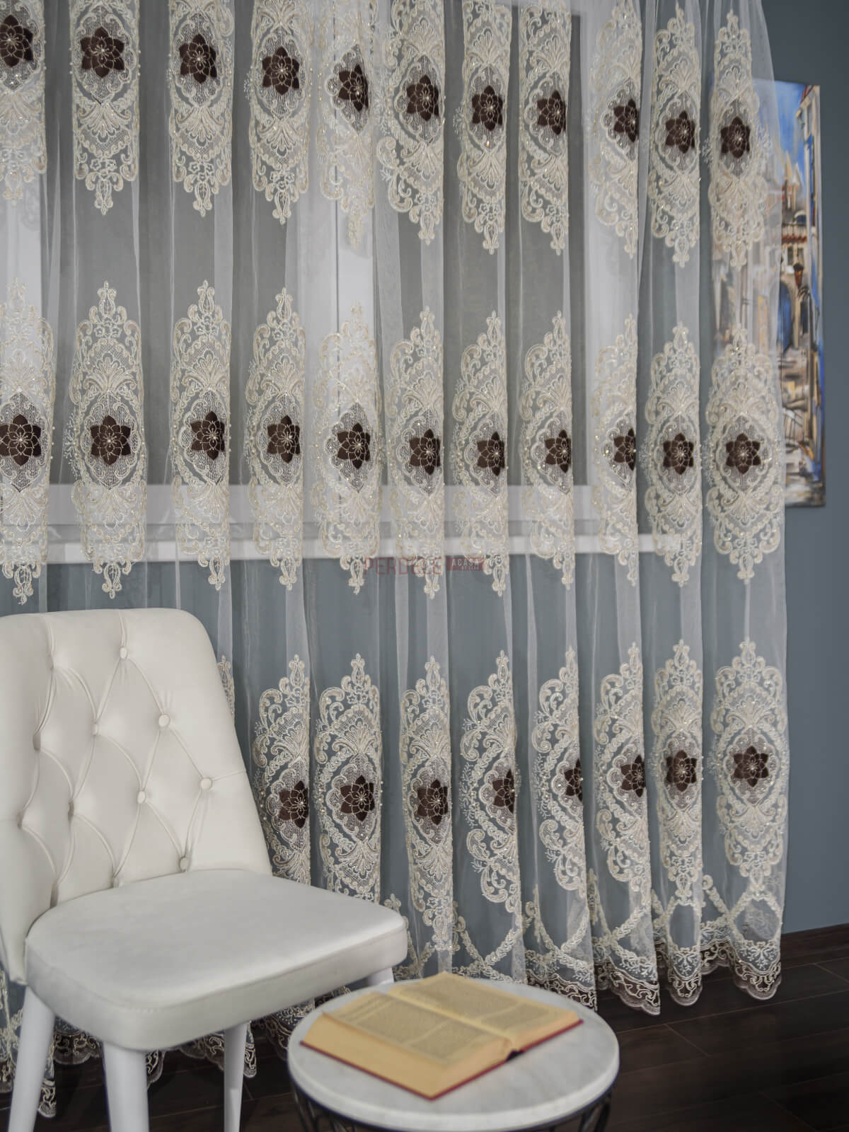 Perdea tulle brodat, crem/maro - 1 | YEO