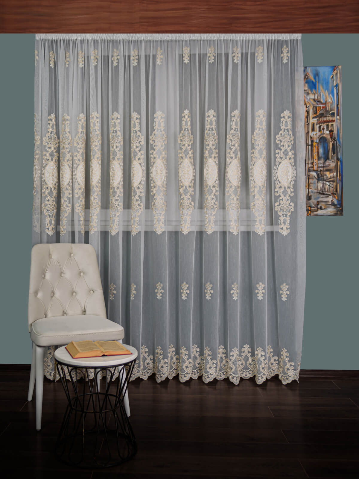 Perdea tulle brodat ivoire/auriu