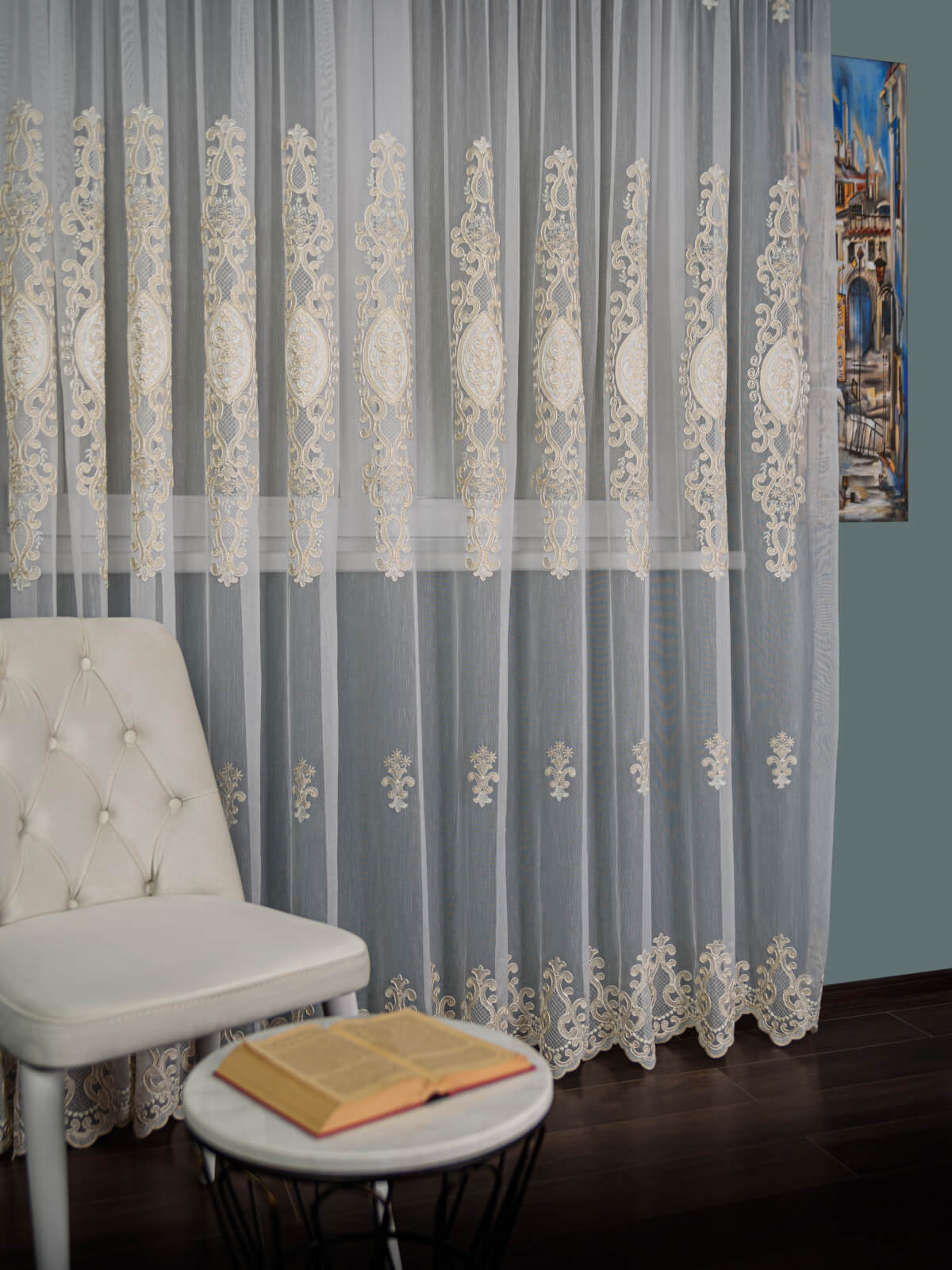 Perdea tulle brodat ivoire/auriu - 1 | YEO
