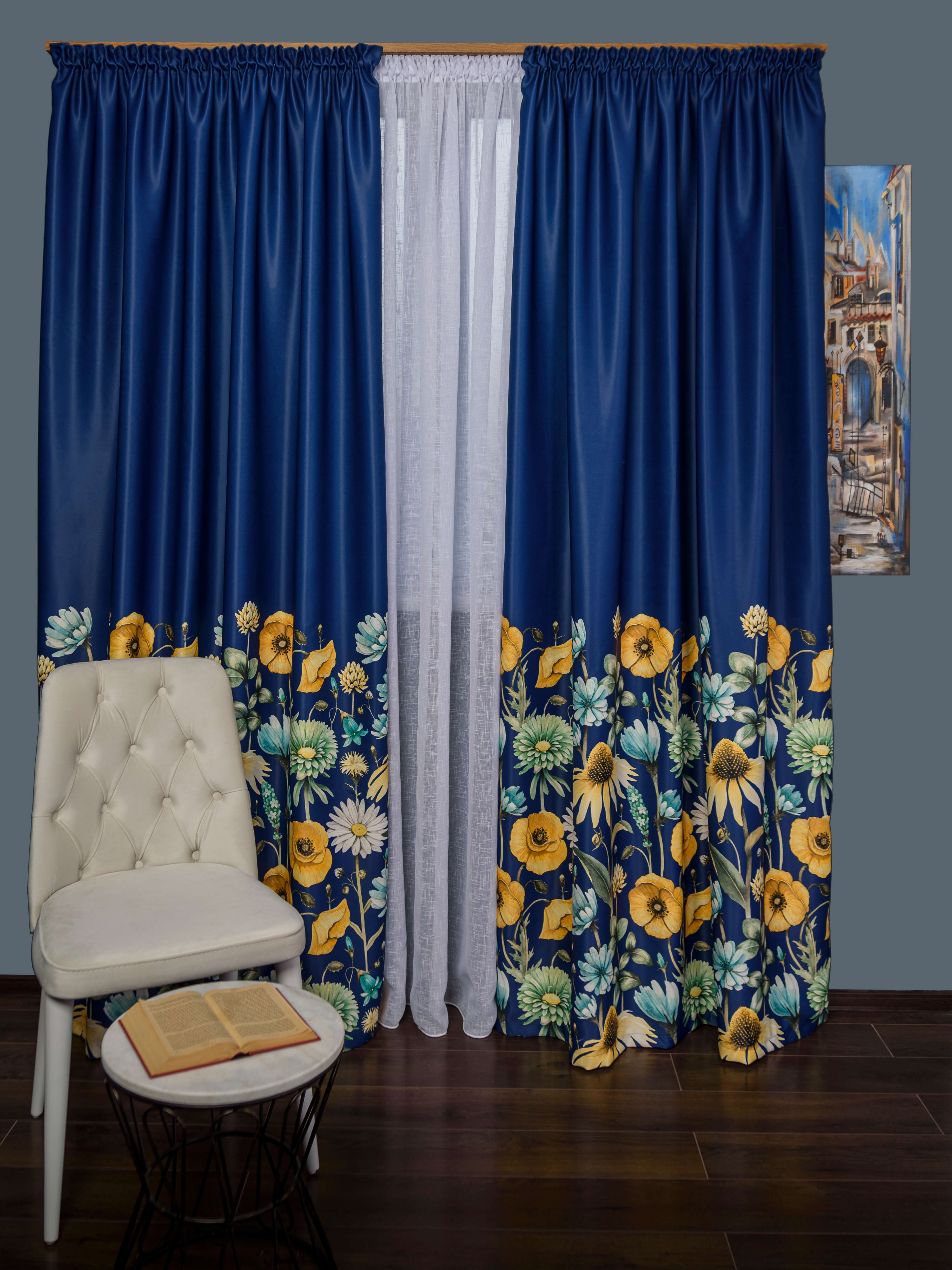 Draperie Satin Albastru,flori Multicolore Albastruflori pret redus imagine 2022