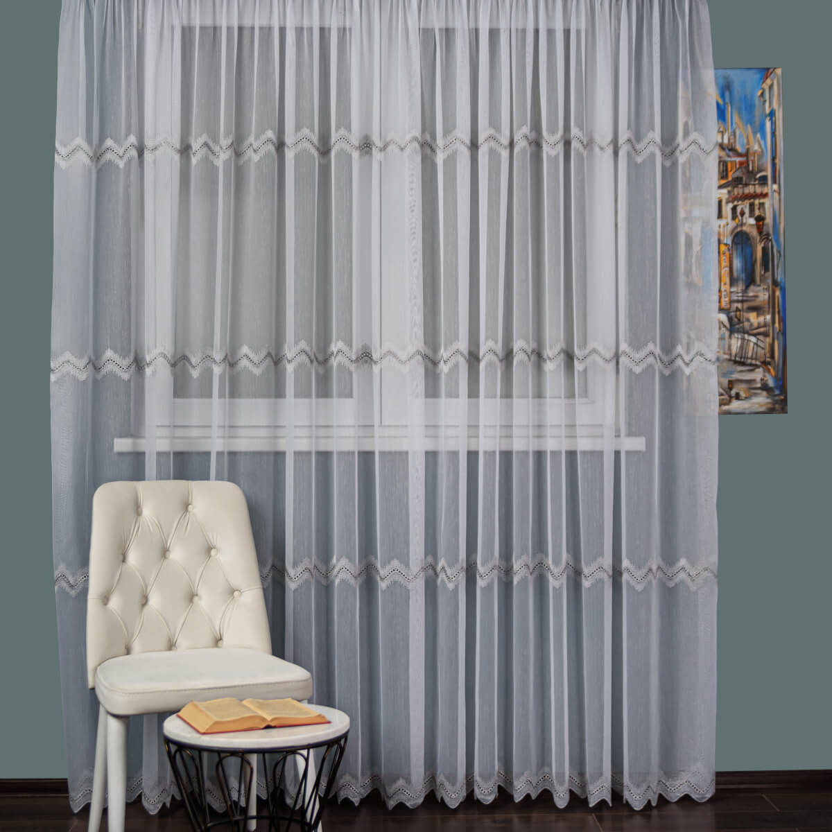 Perdea Tulle Brodat, Alb/gri