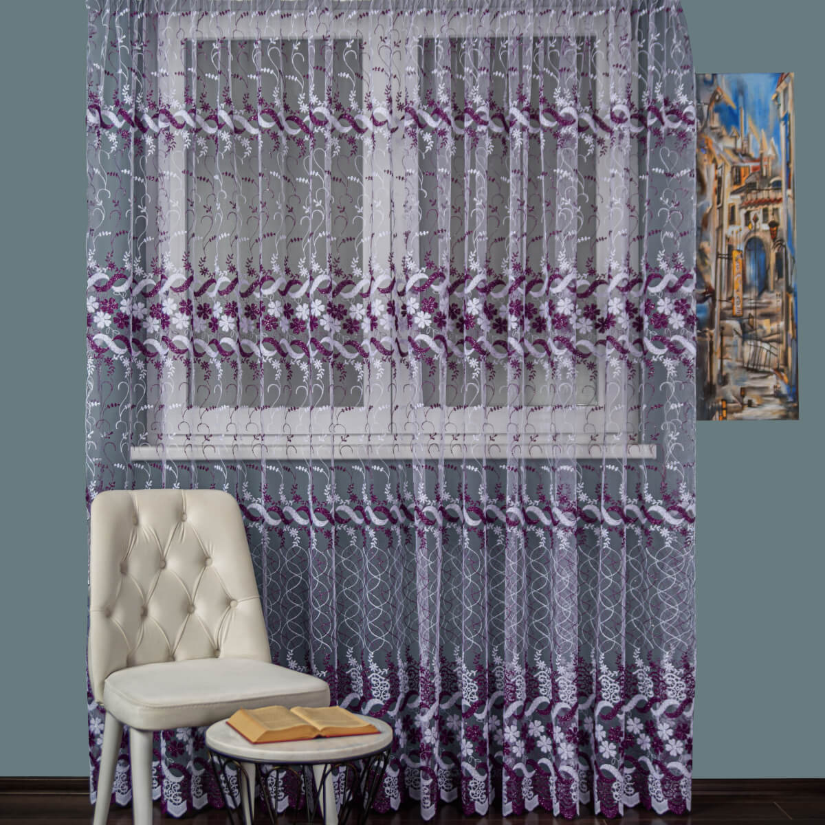 Perdea Tulle Brodat Alb/mov