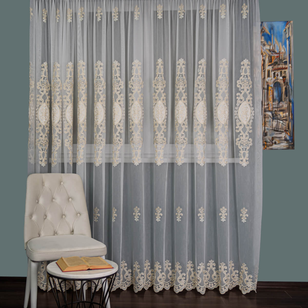 Perdea Tulle Brodat Ivoire/auriu