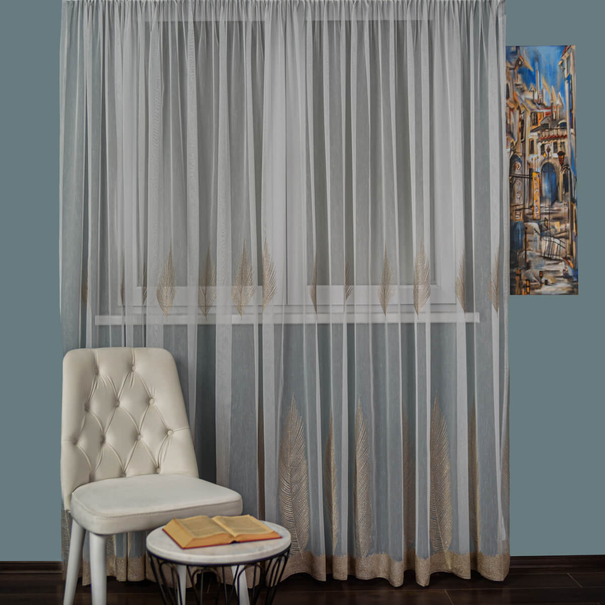 Perdea Tulle Brodat Ivoire/auriu