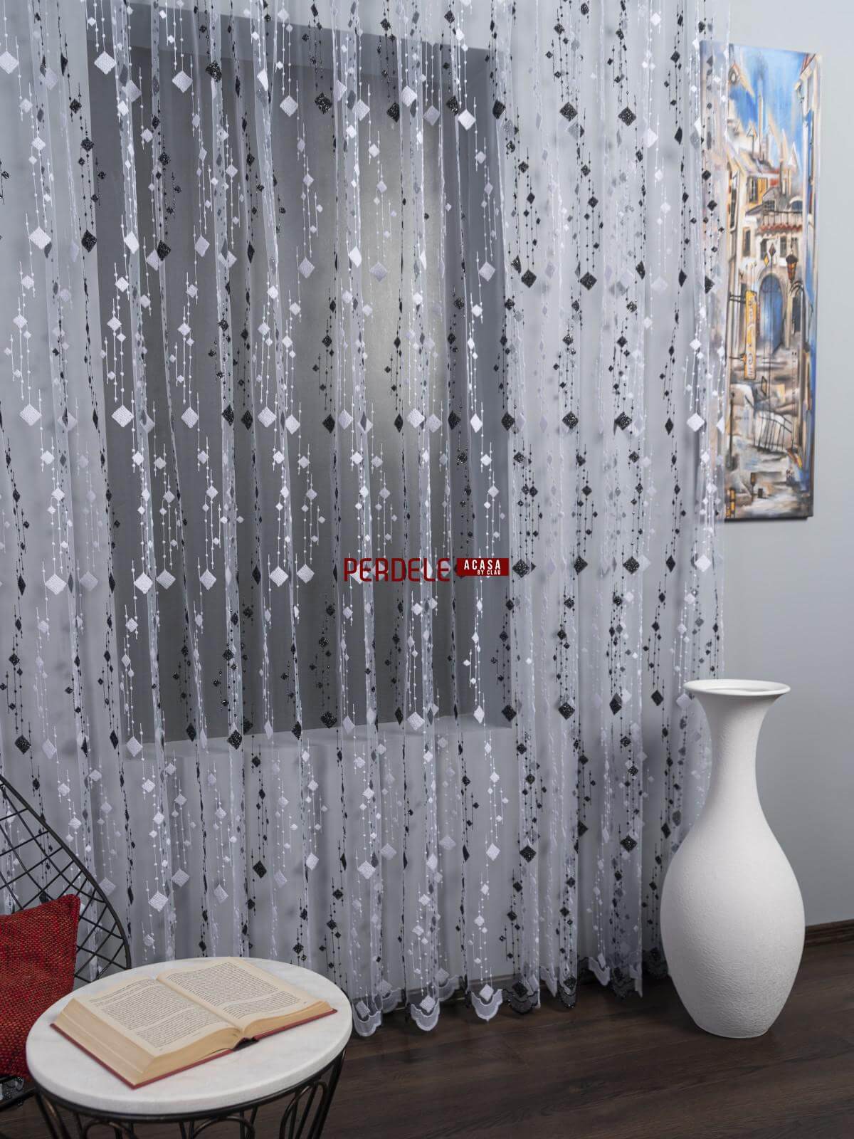Perdea tulle alb,negru