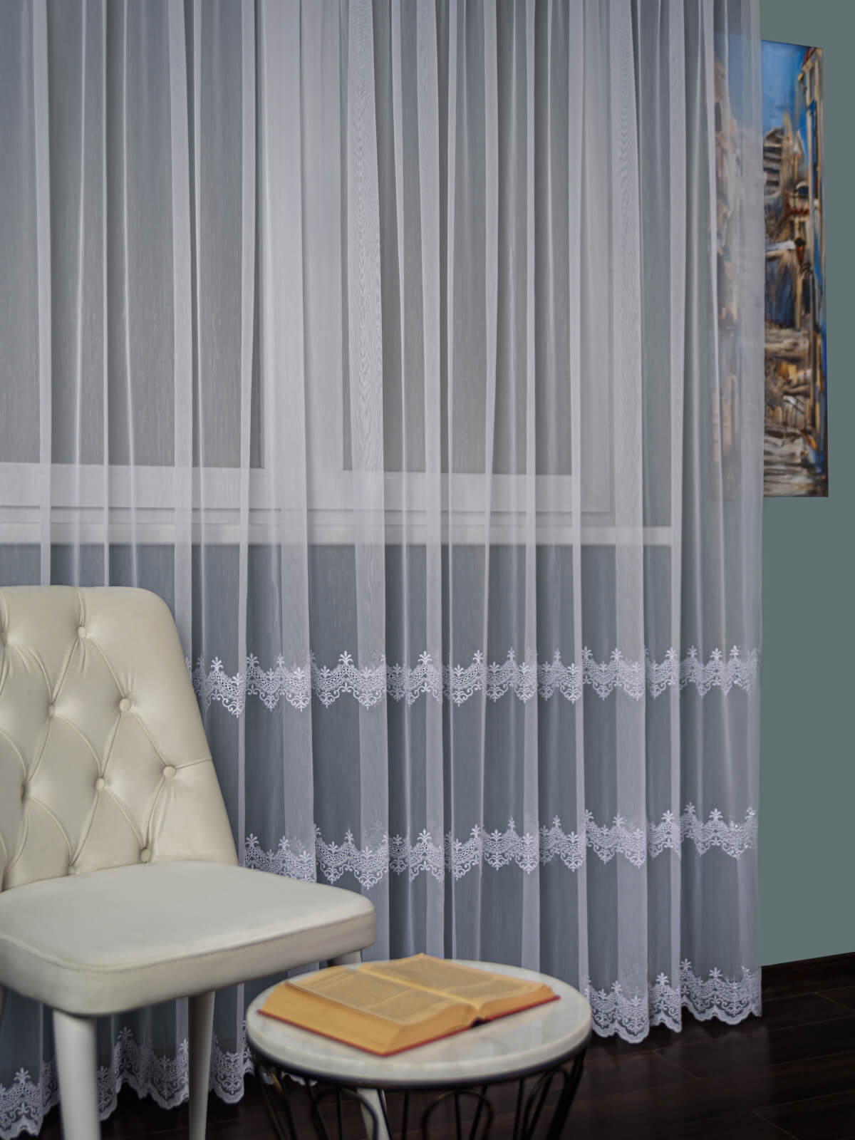 Perdea tulle brodat, alb
